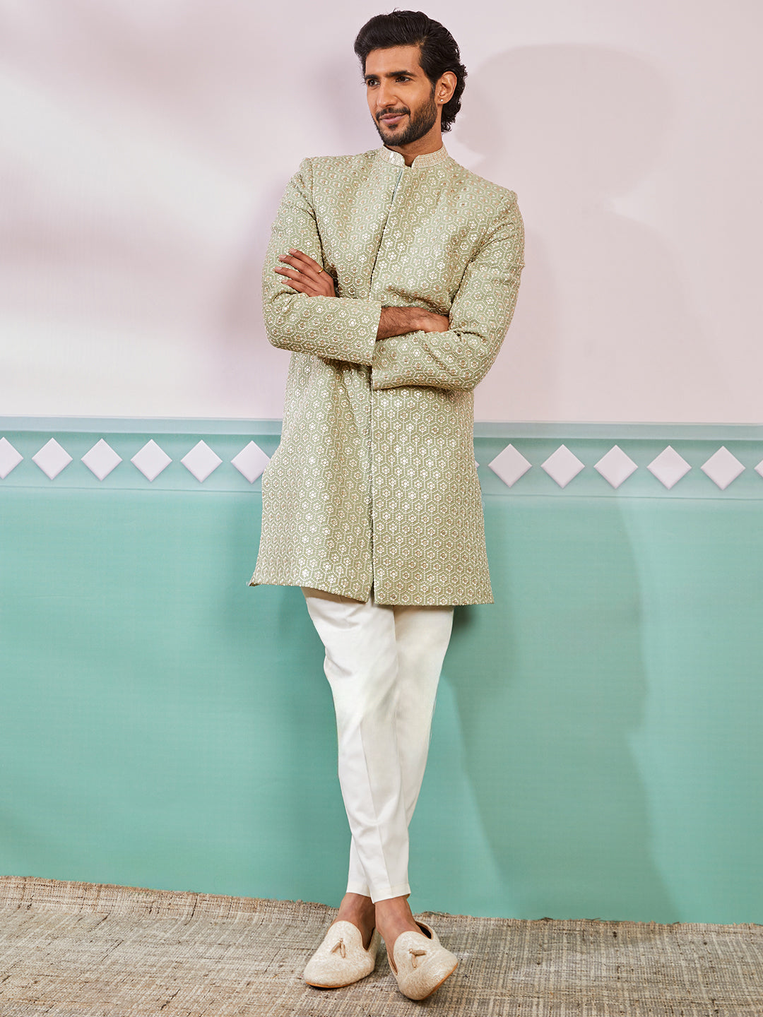 Men's Pista Green Rayon Indo Western, Pyjama & Dupatta Set