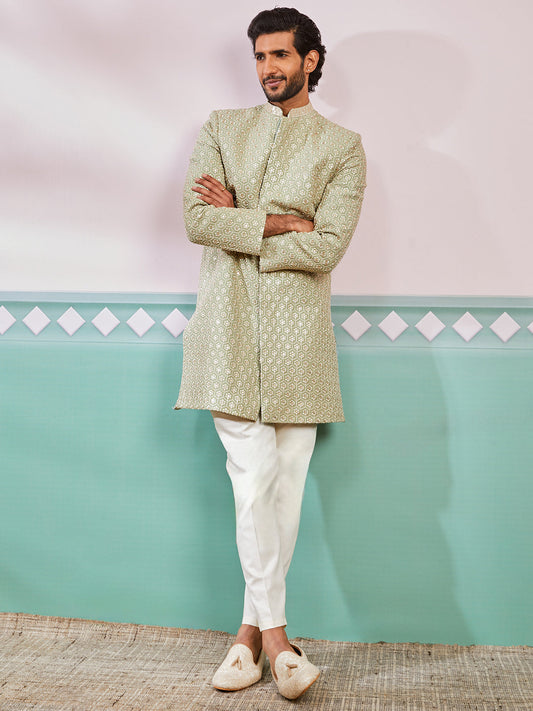 Men's Pista Green Rayon Indo Western, Pyjama & Dupatta Set