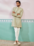 Men's Pista Green Rayon Indo Western, Pyjama & Dupatta Set