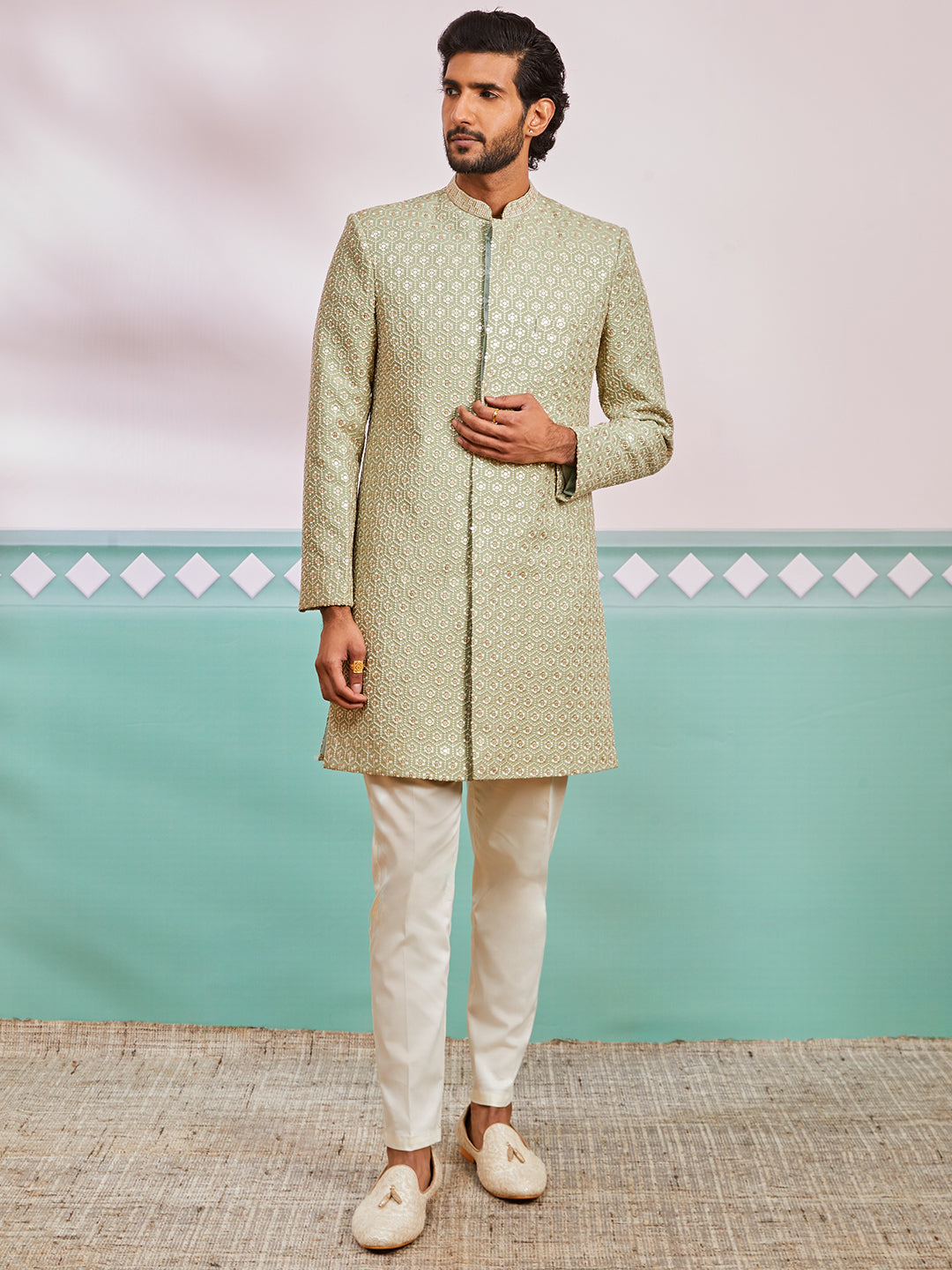 Men's Pista Green Rayon Indo Western, Pyjama & Dupatta Set