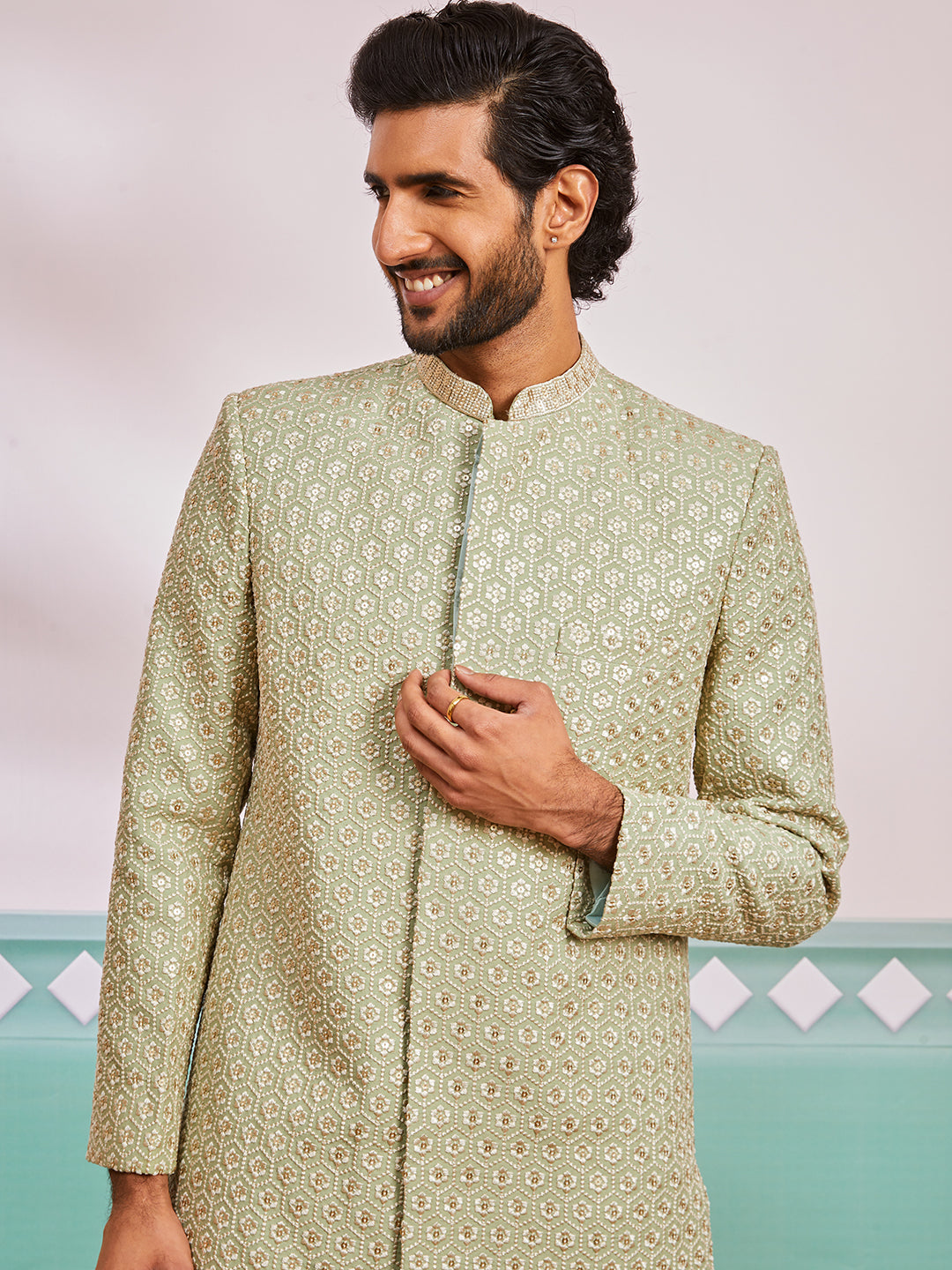 Men's Pista Green Rayon Indo Western, Pyjama & Dupatta Set