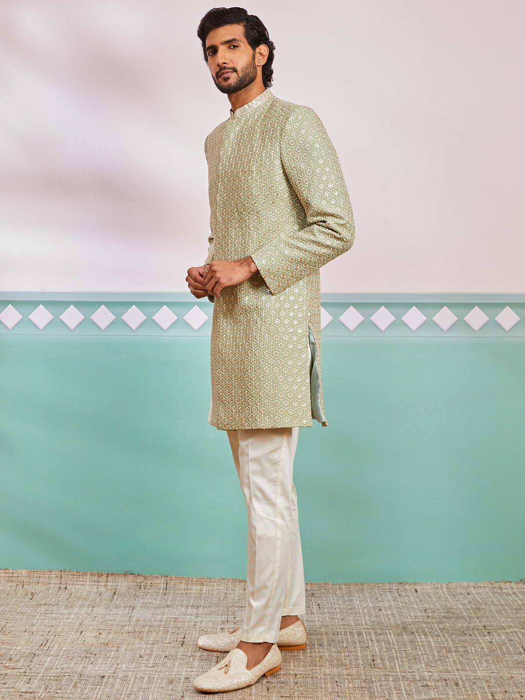 Men's Pista Green Rayon Indo Western, Pyjama & Dupatta Set