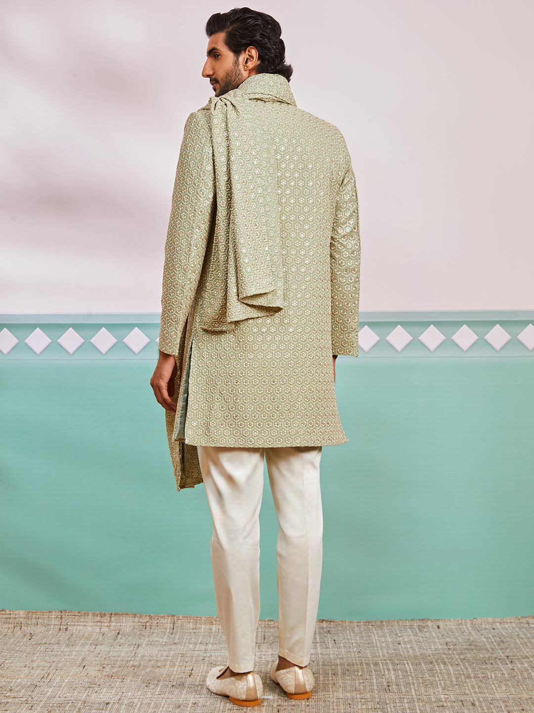 Men's Pista Green Rayon Indo Western, Pyjama & Dupatta Set