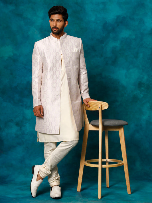 Men's purple imported jacquard indo-western with kurta pyjama set, view 3