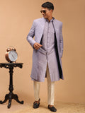 Men's Purple Solid Kurta Pant Set With Mirror Over Coat Combo Set