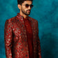 Men's Red Jacquard Indo Western With Maroon Viscose Kurta Pant Set