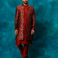 Men's Red Jacquard Indo Western With Maroon Viscose Kurta Pant Set