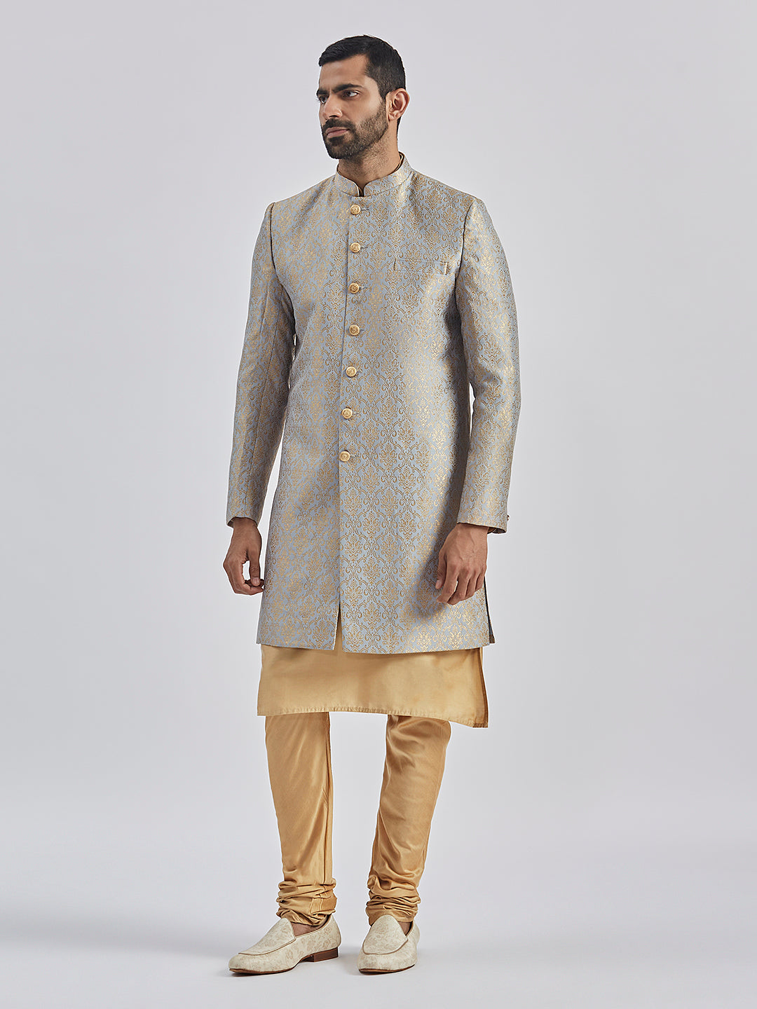 Men's Rose Gold And Gray Viscose Sherwani Set