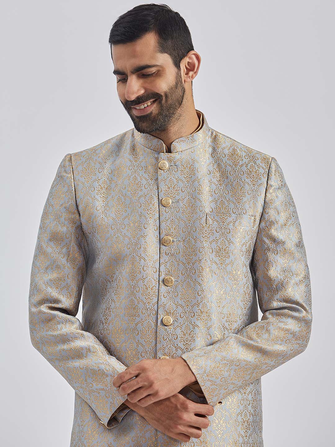 Men's Rose Gold And Gray Viscose Sherwani Set