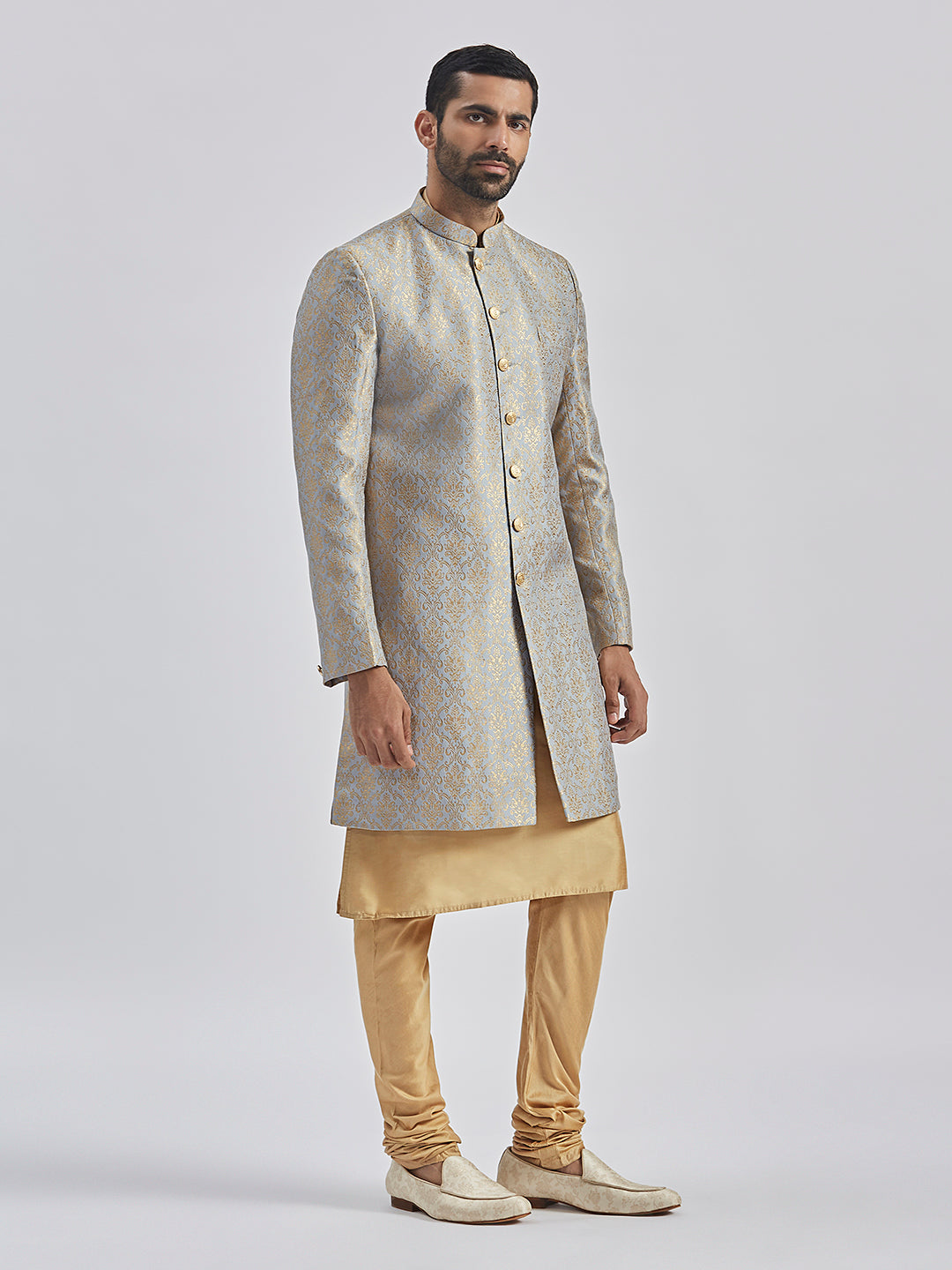 Men's Rose Gold And Gray Viscose Sherwani Set