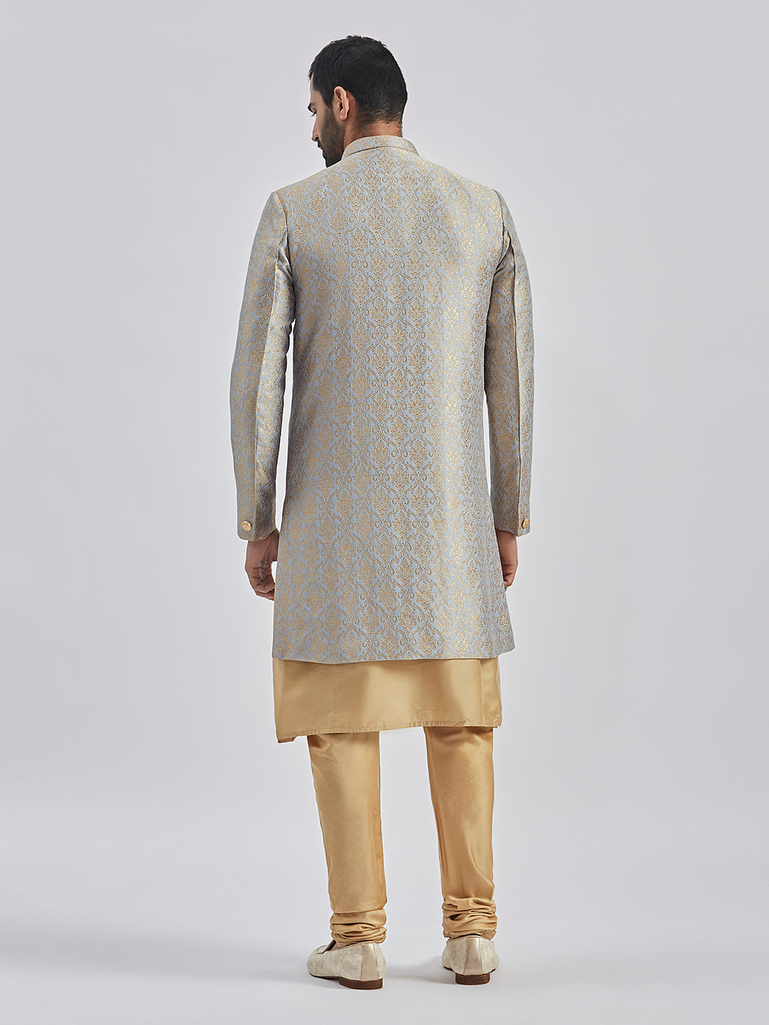 Men's Rose Gold And Gray Viscose Sherwani Set