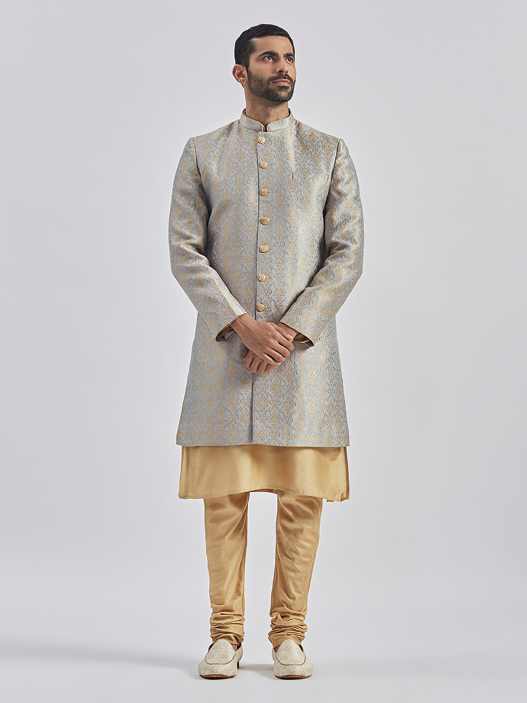 Men's Rose Gold And Gray Viscose Sherwani Set