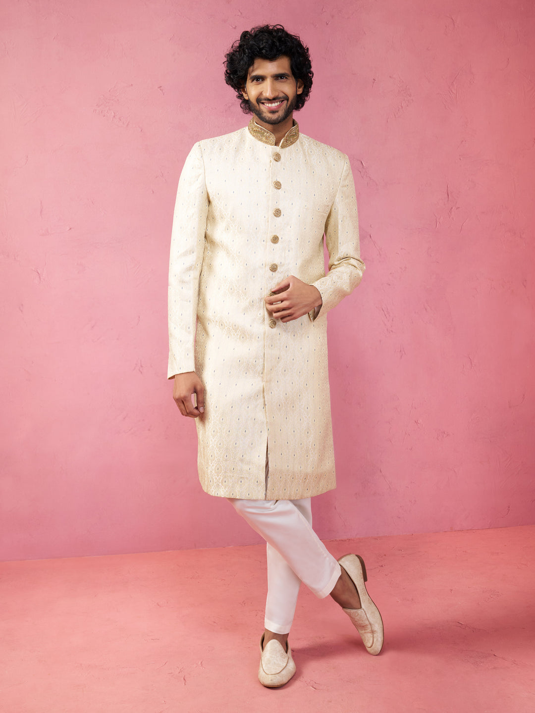 Men's Beige Sherwani Set with Cream Pyjama