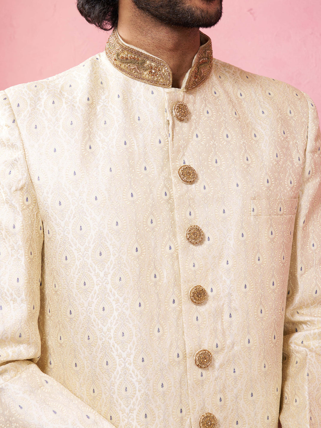 Men's Beige Sherwani Set with Cream Pyjama