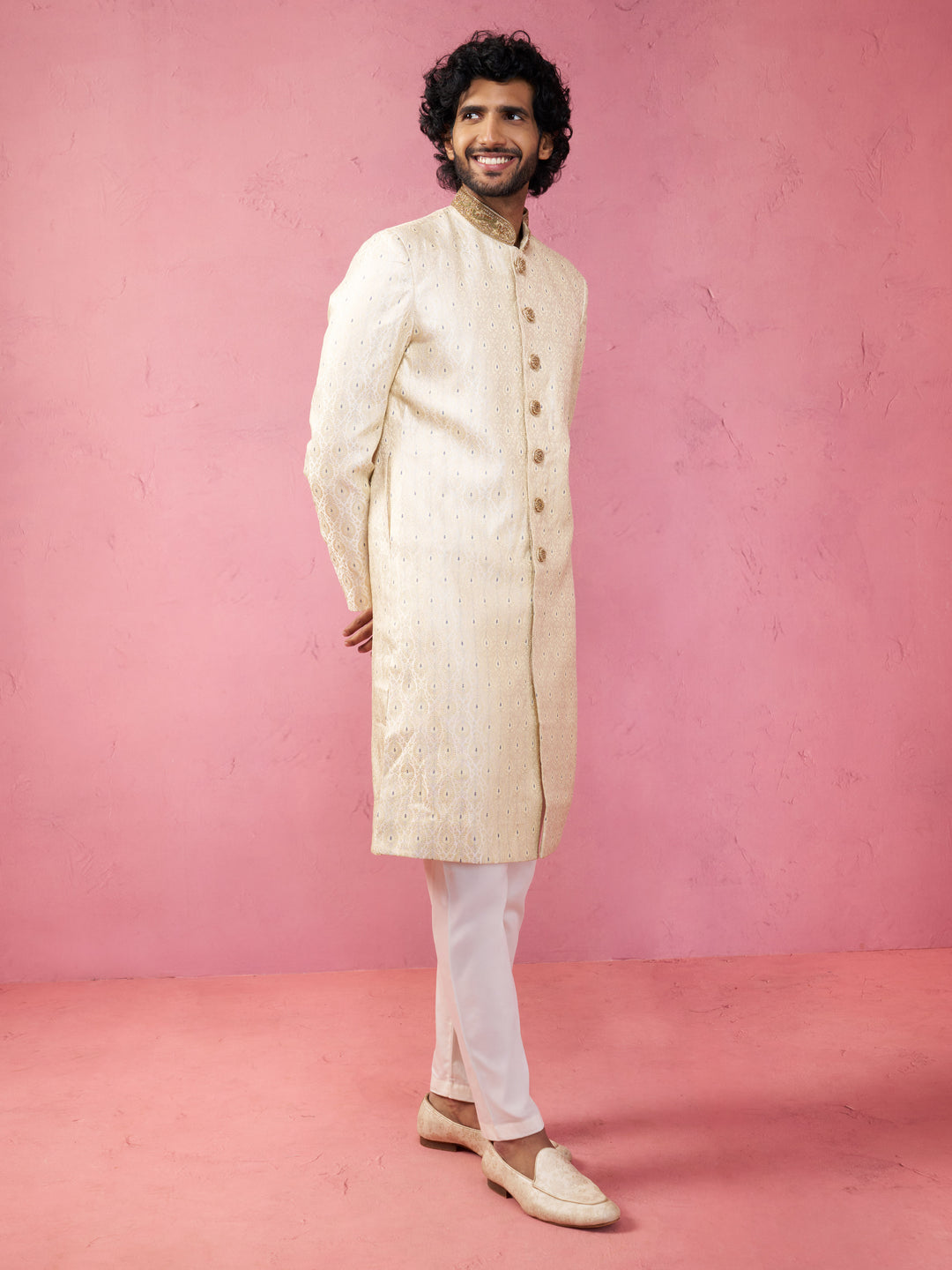 Men's Beige Sherwani Set with Cream Pyjama