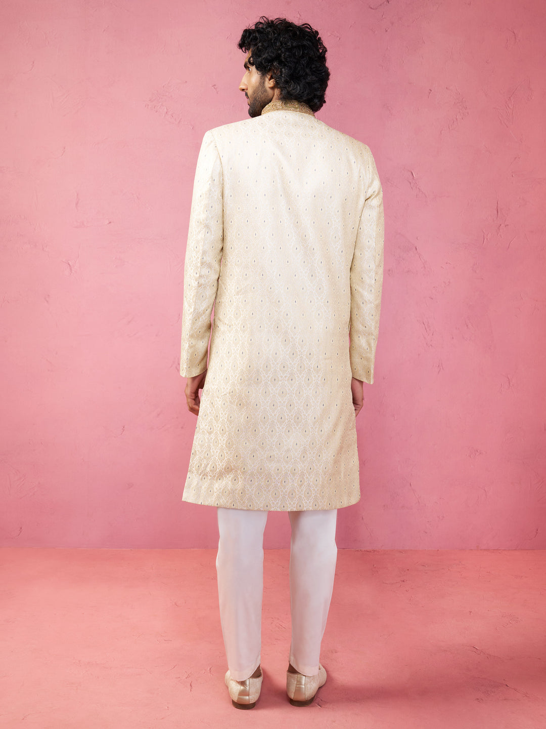 Men's Beige Sherwani Set with Cream Pyjama