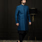 Men's Turquoise And Black Viscose Sherwani Set