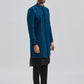 Men's Turquoise And Black Viscose Sherwani Set