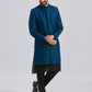 Men's Turquoise And Black Viscose Sherwani Set