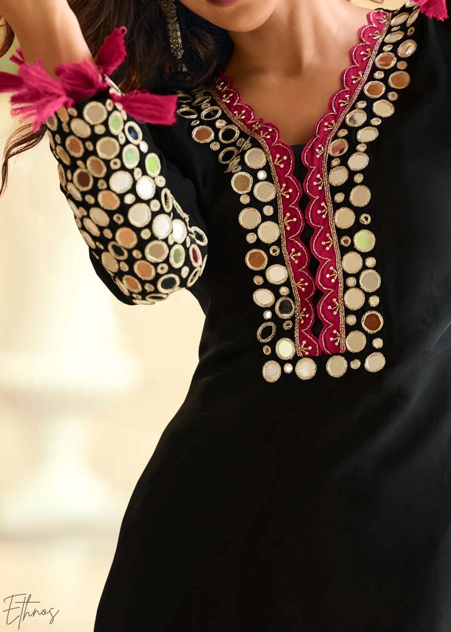 Midnight Black Onyx Mirror Silk Palazzo Suit