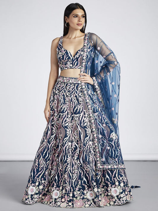 Navy blue Net Sequins and thread embroidery Semi-Stitched Lehenga choli &amp; Dupatta