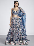 Navy blue Net Sequins and thread embroidery Semi-Stitched Lehenga choli &amp; Dupatta