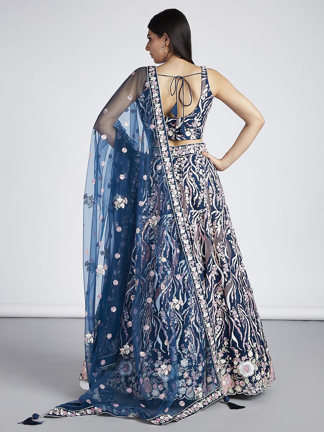 Navy blue Net Sequins and thread embroidery Semi-Stitched Lehenga choli &amp; Dupatta