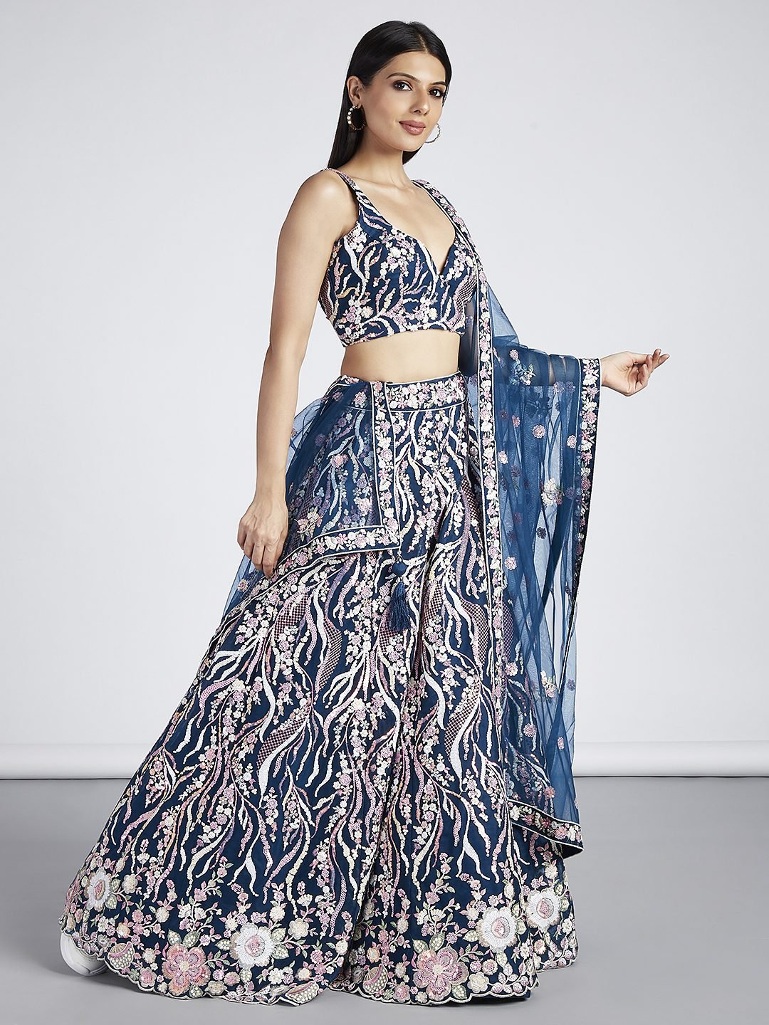 Navy blue Net Sequins and thread embroidery Semi-Stitched Lehenga choli &amp; Dupatta