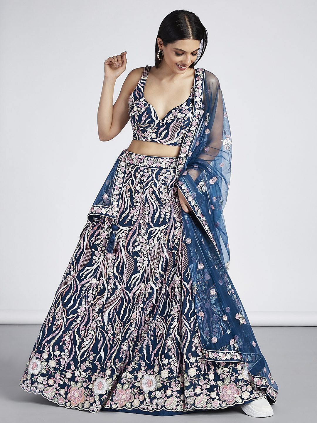Navy blue Net Sequins and thread embroidery Semi-Stitched Lehenga choli &amp; Dupatta