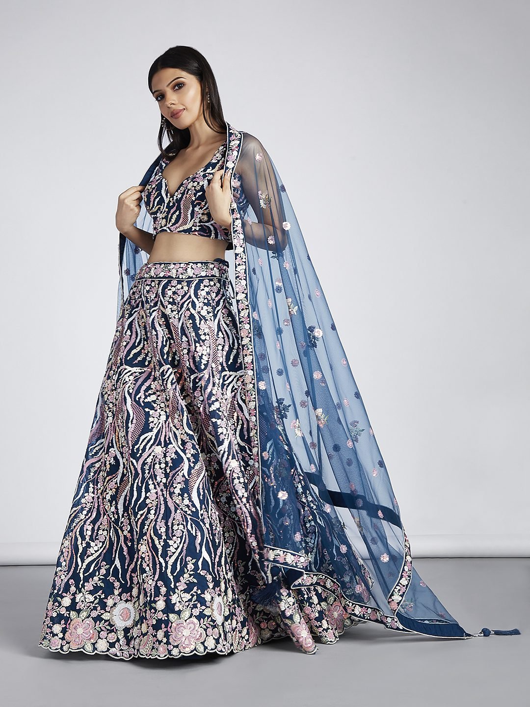 Navy blue Net Sequins and thread embroidery Semi-Stitched Lehenga choli &amp; Dupatta