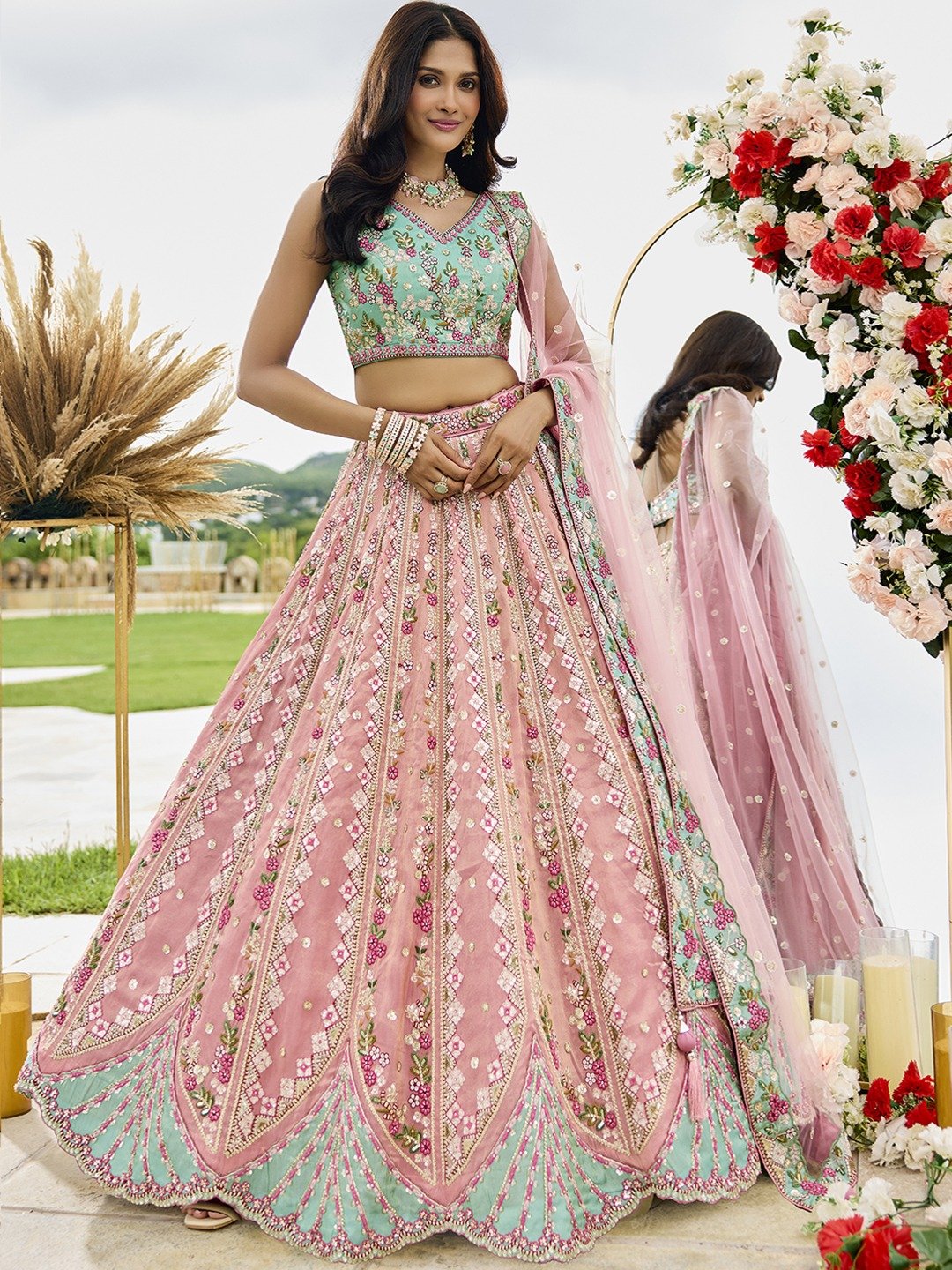 Pink- Tissue Fabric Sequins embroidery Semi-Stitched Lehenga & Unstitched Blouse With Dupatta