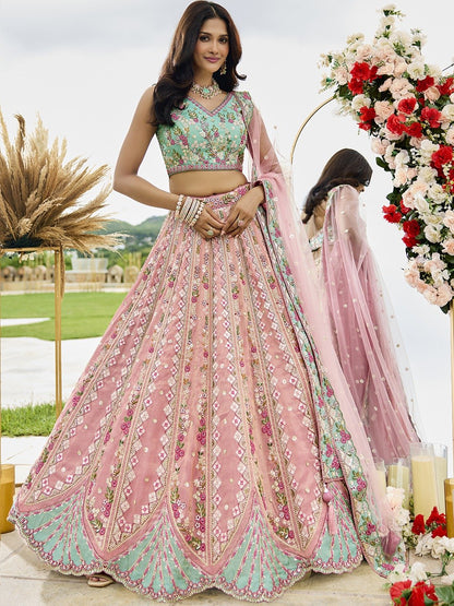 Pink- Tissue Fabric Sequins embroidery Semi-Stitched Lehenga & Unstitched Blouse With Dupatta