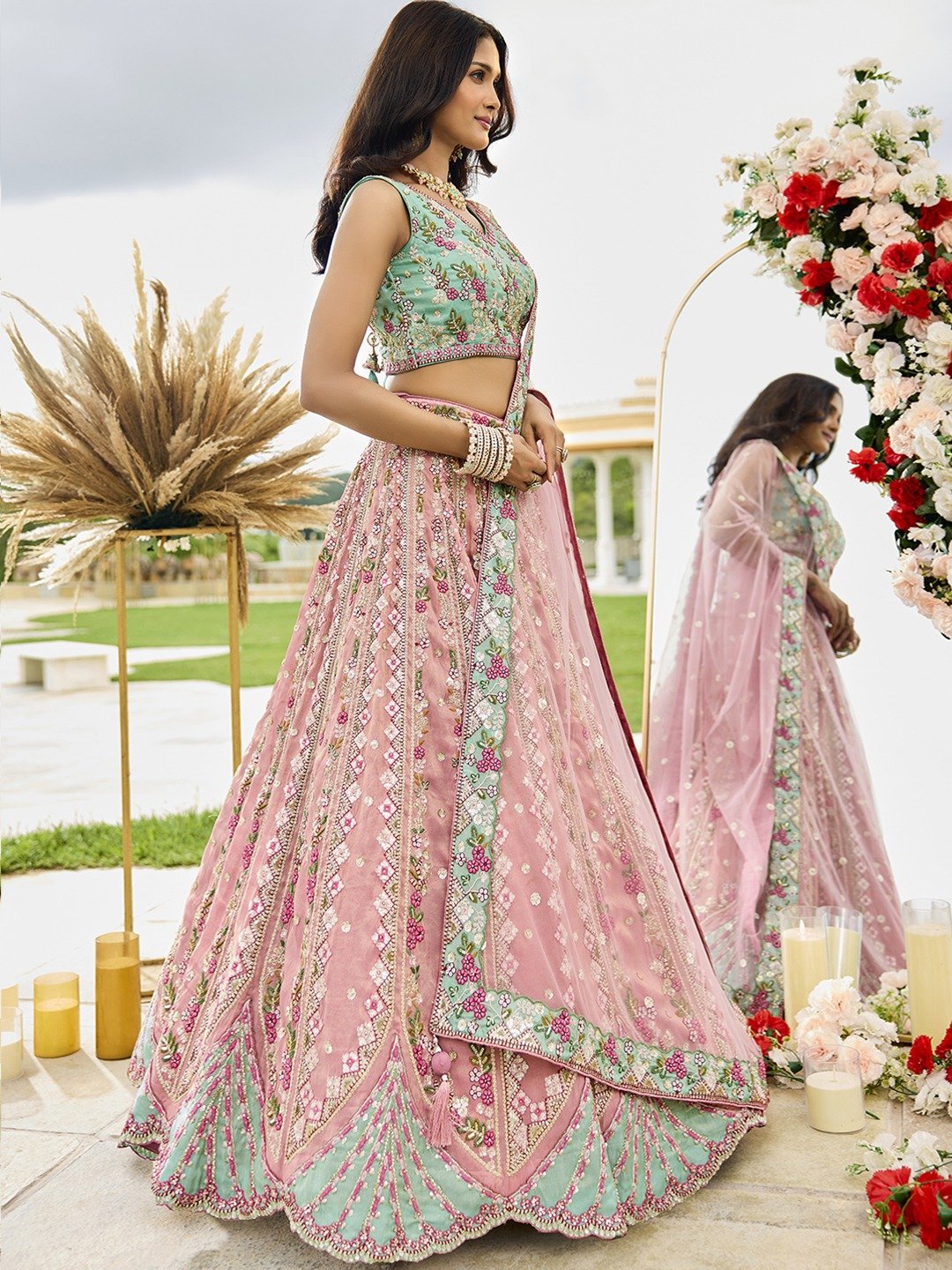 Pink- Tissue Fabric Sequins embroidery Semi-Stitched Lehenga & Unstitched Blouse With Dupatta