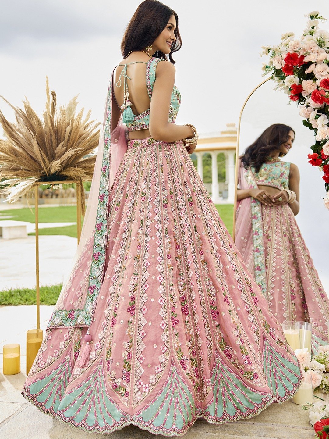 Pink- Tissue Fabric Sequins embroidery Semi-Stitched Lehenga & Unstitched Blouse With Dupatta