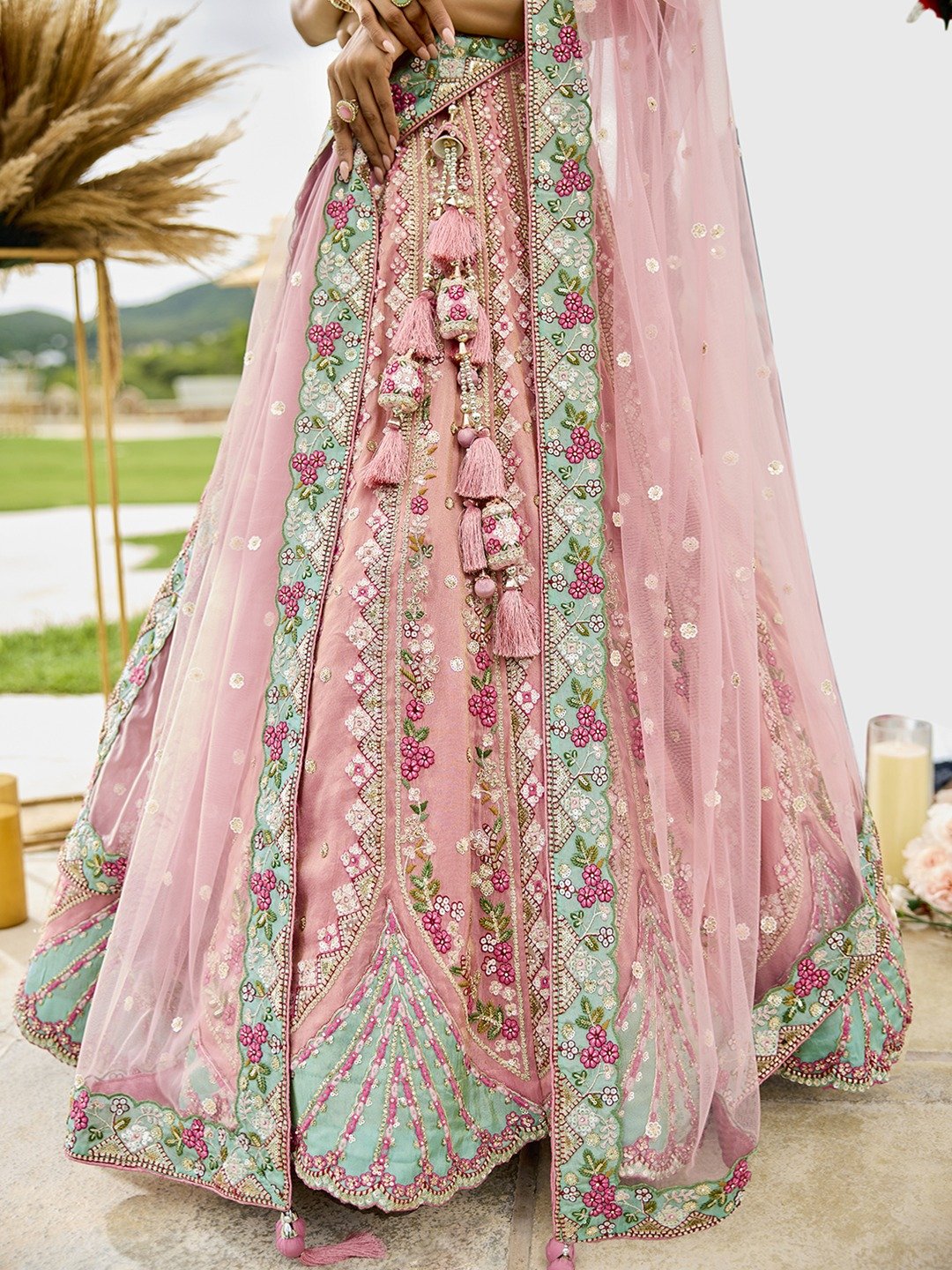 Pink- Tissue Fabric Sequins embroidery Semi-Stitched Lehenga & Unstitched Blouse With Dupatta