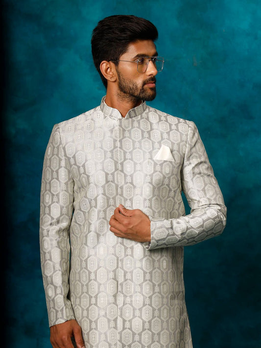 Grey Silk Blend Wedding Wear  Men's Indo Western Set