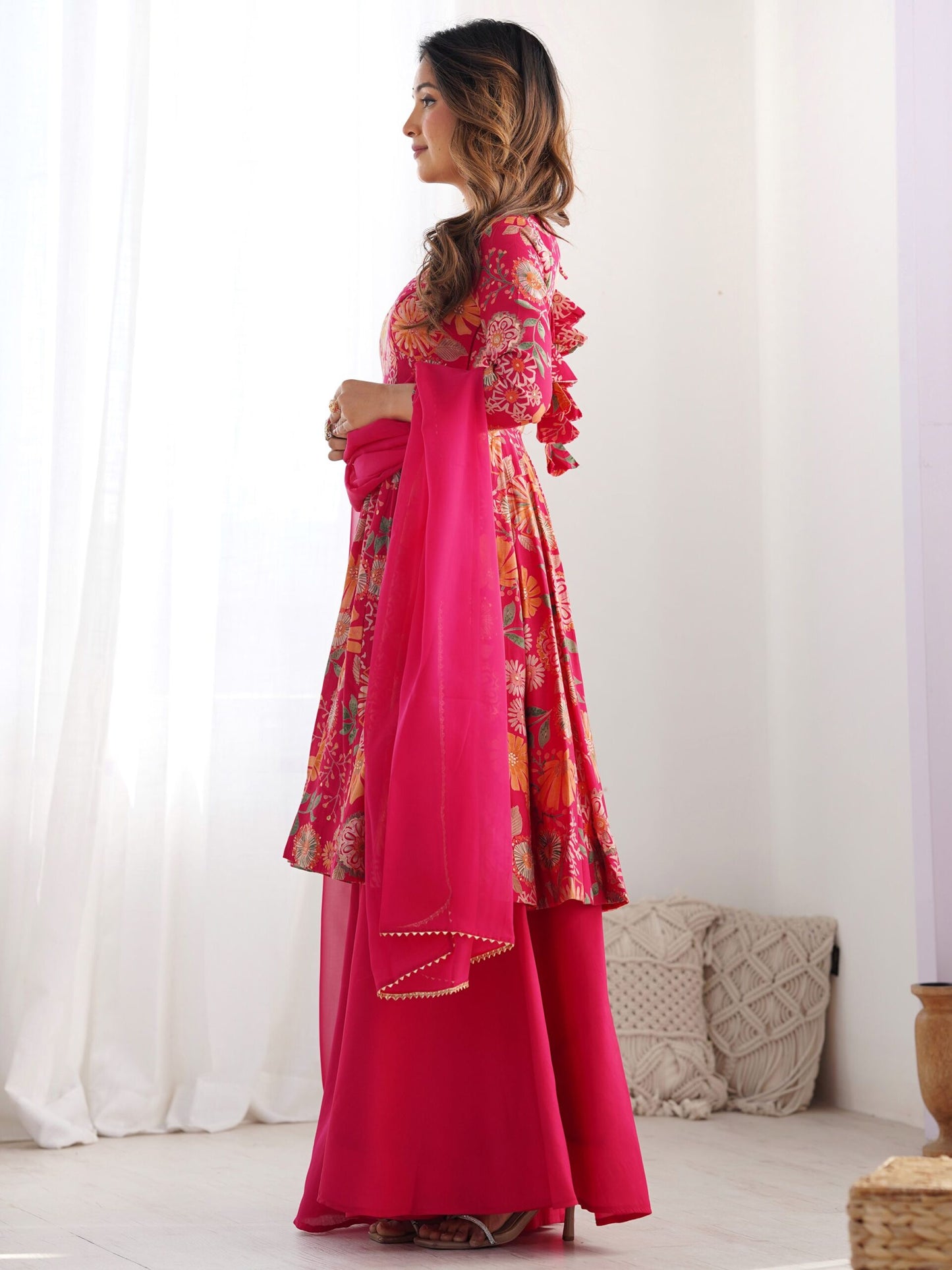 Attractive Rani Pink Floral Printed Silk Festival Wear Palazzo Suit