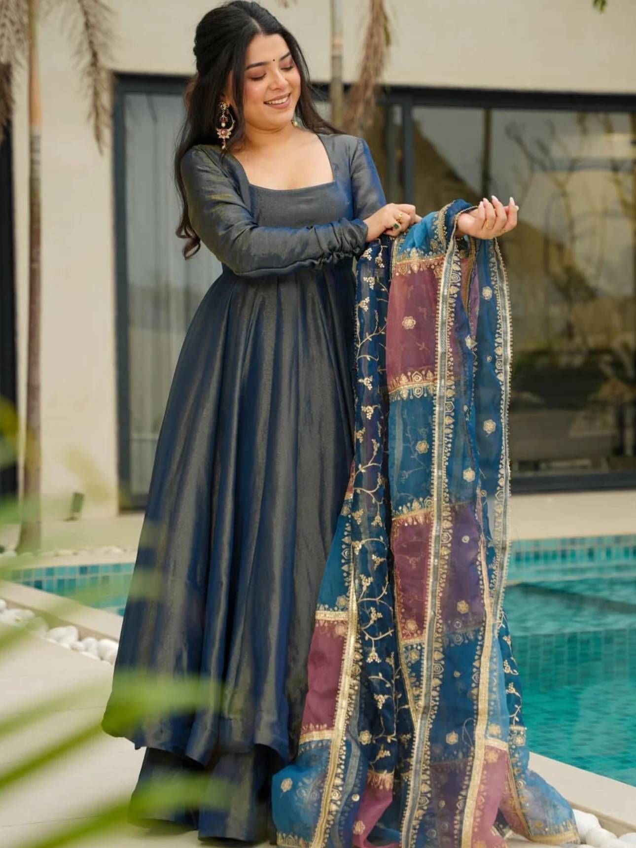 Superb Teal Blue Silk Festive Wear Palazzo Suit With Sequins Dupatta