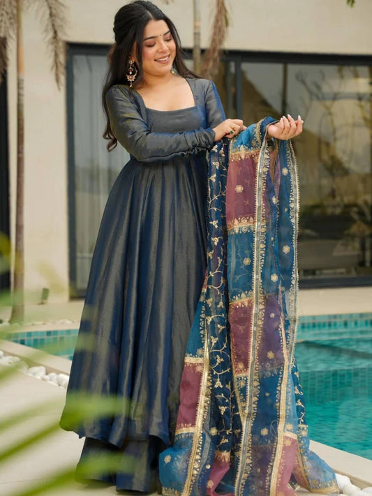 Superb Teal Blue Silk Festive Wear Palazzo Suit With Sequins Dupatta