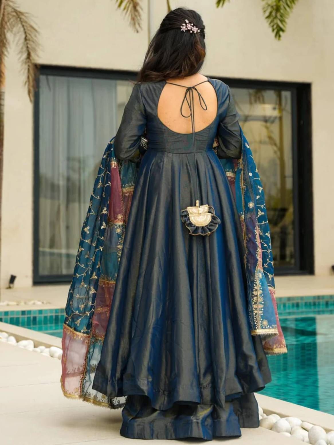 Superb Teal Blue Silk Festive Wear Palazzo Suit With Sequins Dupatta