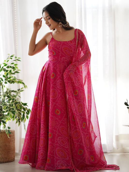 Pretty Pink Bandhani Printed Chiffon Festival Wear Gown With Dupatta