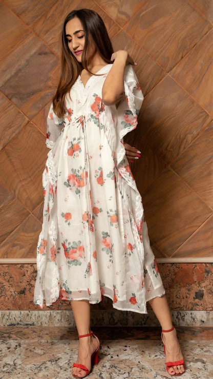 WHITE AND RED ORGANZA KAFTAN DRESS