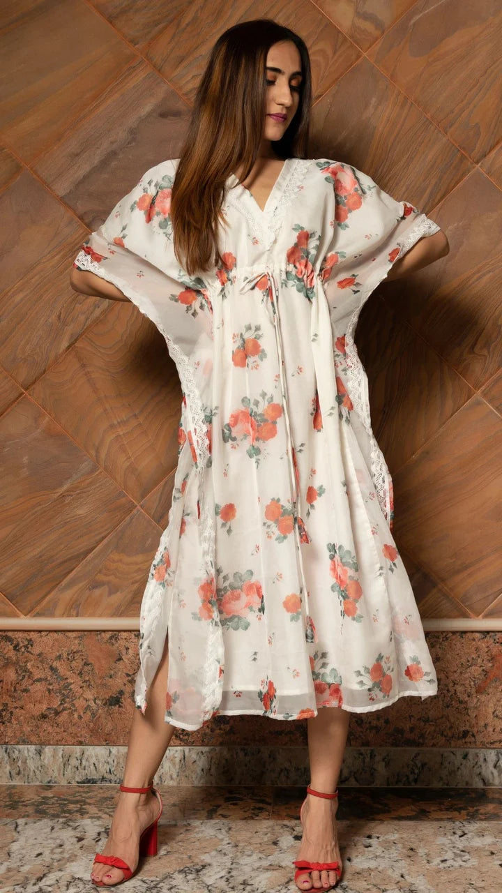 WHITE AND RED ORGANZA KAFTAN DRESS