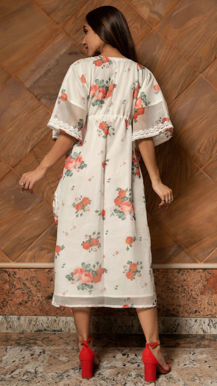 WHITE AND RED ORGANZA KAFTAN DRESS