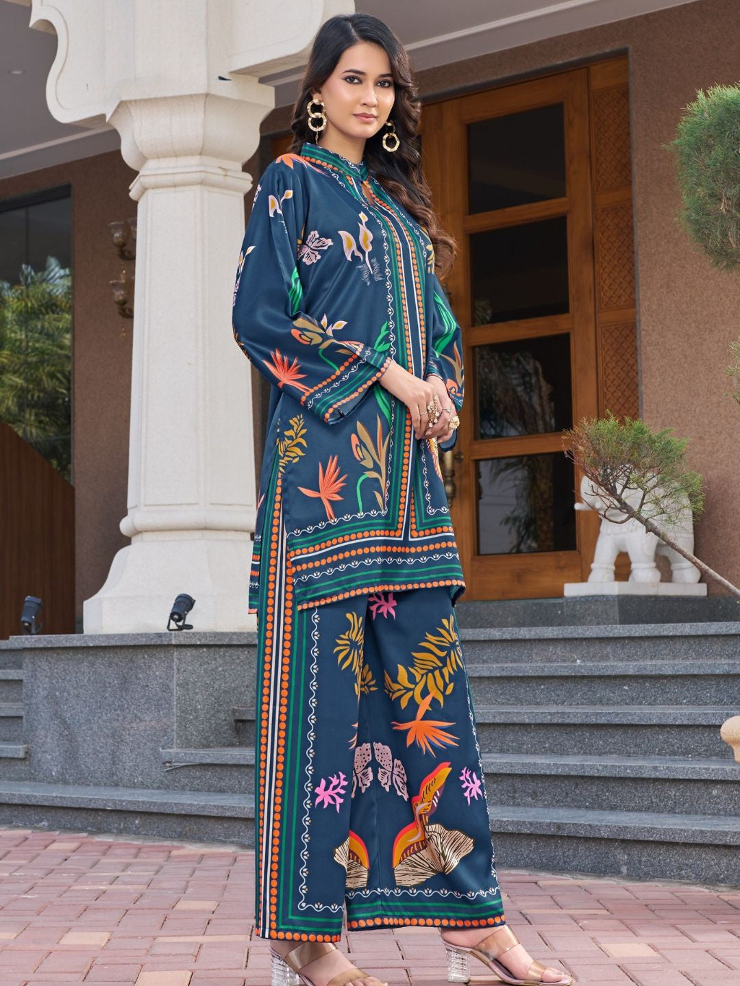 Printed Premium Satin Teal Co-ord Set