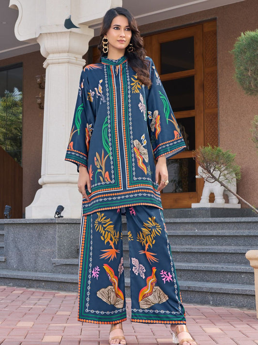 Printed Premium Satin Teal Co-ord Set