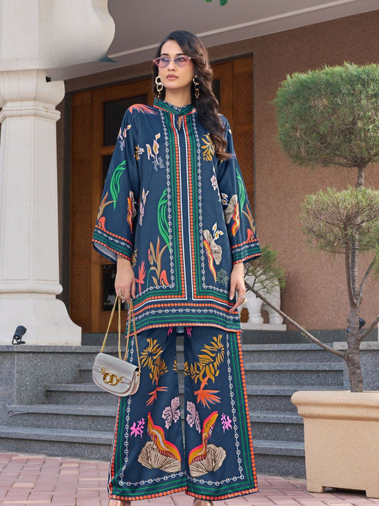 Printed Premium Satin Teal Co-ord Set