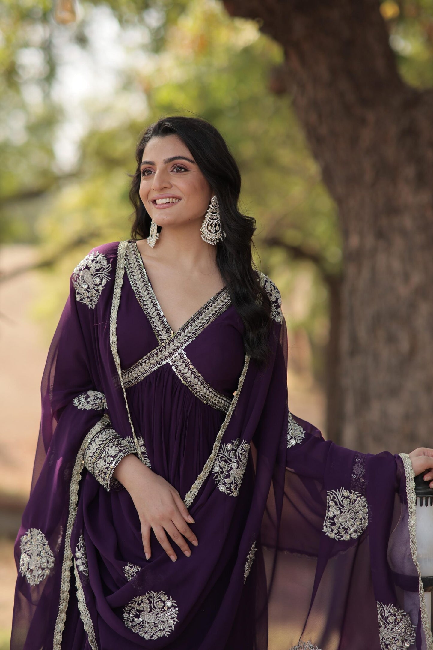 Premium Purple Readmade Alia Cut Gown with Dupatta Set
