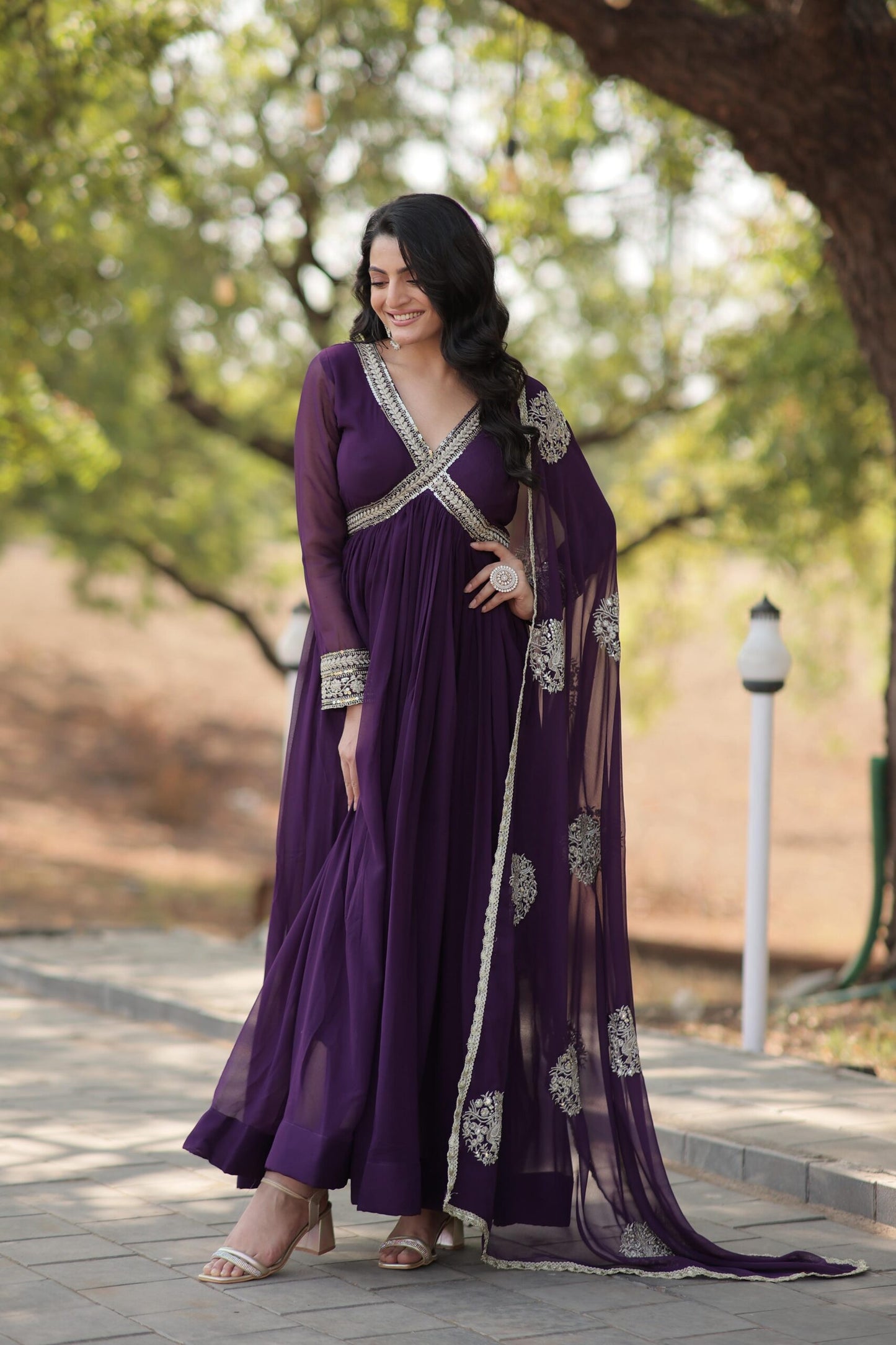 Premium Purple Readmade Alia Cut Gown with Dupatta Set