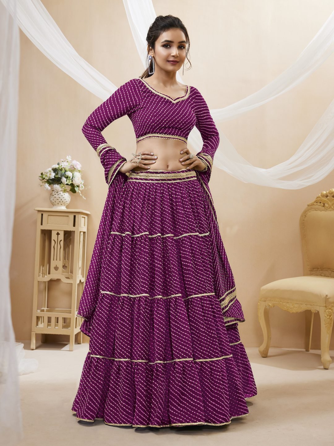 Purple Georgette Leheriya Printed Lehenga With Lace Work